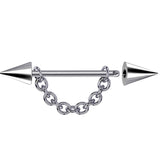 Cone / Spike Nose Bridge Barbell Upper Nose Piercing with Steel Chain - 16G 14G Straight Barbell - Choose Spike and Cone Size
