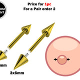 Titanium Gold Spike Nipple Barbell, Nipple Jewelry Studs 16g 14g Nipple Piercing - Straight Barbell Internally Threaded