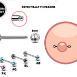 Titanium Nipple Barbell Front Gem CZ Crystal, Nipple Jewelry Studs 16g 14g Nipple Piercing - Externally Threaded - with Chain or No Chain