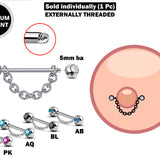 Titanium Nipple Barbell Front Gem CZ Crystal, Nipple Jewelry Studs 16g 14g Nipple Piercing - Externally Threaded - with Chain or No Chain