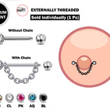 Titanium Nipple Barbell Front Gem CZ Crystal, Nipple Jewelry Studs 16g 14g Nipple Piercing - Externally Threaded - with Chain or No Chain