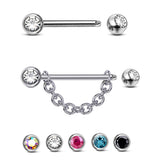 Titanium Nipple Barbell Front Gem CZ Crystal, Nipple Jewelry Studs 16g 14g Nipple Piercing - Externally Threaded - with Chain or No Chain