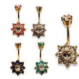 Flower Belly Ring, Navel Ring - Silver Gold Plated Belly Bar Crystal Body Jewellery - 14G - Length is 10mm