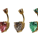 Heart Belly Bar Crystal , Silver Gold Plated Navel Ring with Side Designs - 14G Length is 10mm