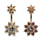 Double Flower Belly Button Ring, Silver Belly Bar with CZ Crystals - Gold Plating - 14G Length is 10mm