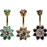 Sun Flower Belly Button Ring, Navel Ring - Silver Gold Plated Belly Bar Crystal Body Jewellery - 14G - Length is 10mm