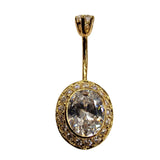 Oval Shape Silver Belly Button Ring, Crystal Belly Piercing Curved Barbell in Gold Plating - 14G Length is 10mm