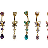 Gold Plated Butterfly Belly Ring, Silver Drop Dangle Belly Bars with CZ Crystals - 14G Length is 10mm