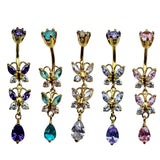 Double Butterfly Dangle Gold Plated Belly Bar, Belly Ring with Crystals - Beautiful Unique Design Navel Piercing - 14G length is 10mm