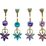 Gold Plated Belly Button Ring - Unique Design Dangly Silver Belly Bar with CZ Crystals - 14G Length is 10mm