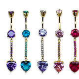 Long Belly Button Ring, Dangle Heart Belly Bar with Crystal Hand Set - Gold Plated Silver Belly Piercing - 14G length is 10mm