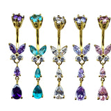 Butterfly Drop Silver Belly Ring - Gold Plated Belly Bars with CZ Crystals - Tear Drop Navel Piercing 14G length is 10mm