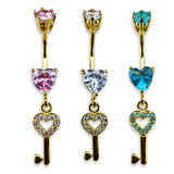 Gold Plated Key Heart Belly Bar Dangle with CZ Crystals - Silver Belly Ring 14G length is 10mm