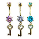 Gold Plated Round Belly Bar with Dangle Key with CZ Crystals - Silver Belly Ring 14G length is 10mm