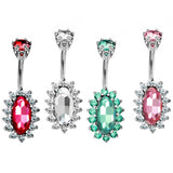 Designer Belly Ring - Silver - Oval Shape Flower Belly Bars with CZ Crystals - Navel Ring - 14g (1.6mm) Length is 10mm