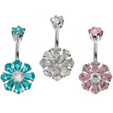 Designer Belly Bars - Silver Flower Navel Ring, Belly Bar, Belly Piercing with CZ Crystals - Navel Ring - 14g (1.6mm) Length is 10mm