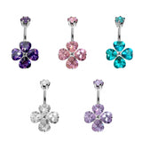 Designer Belly Button Ring - Silver - Clover Leaf Lucky Charm Belly Bars with CZ Crystals - Navel Ring - 14g (1.6mm) Length is 10mm
