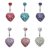 Designer Belly Ring - Silver Heart Belly Bars with studded CZ Crystals - Belly Button Ring - 14g (1.6mm) Length is 10mm
