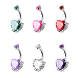 Designer Belly Button Rings- Silver - Heart Design Belly Bars with CZ Crystals - Navel Ring - 14g (1.6mm) Length is 10mm