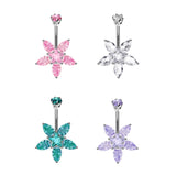 Designer Belly Bars - Silver - Jasmine Flower Center Star Belly Rings with CZ Crystals - Navel Ring - 14g (1.6mm) Length is 10mm