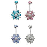 Designer Belly Bars - Silver - Autumn Floral Design Belly Ring with CZ Crystals - Navel Ring - 14g (1.6mm) Length is 10mm