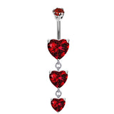Designer Belly Bars - Silver - Triple drop dangle Heart Design Belly Ring with CZ Crystals - Belly Button Ring - 14g (1.6mm) Length is 10mm