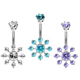 Designer Belly Button Rings- Silver - Nautical Wheel Design Belly Bars with CZ Crystals - Navel Ring - 14g (1.6mm) Length is 10mm