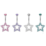 Designer Belly Rings- Silver - Super Star Design Belly Bars with CZ Crystals - Navel Ring - 14g (1.6mm) Length is 10mm