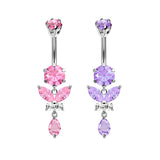Designer Belly Ring - Silver - Dangle Butterfly with Tear Drop Belly Ring made of CZ Crystals - Navel Ring - 14g (1.6mm) Length is 10mm