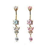 Gold Plated Drop Dangle Butterfly Belly Rings with CZ Crystals - Designer Belly Button Ring - Navel Ring - 14g (1.6mm) Length is 10mm