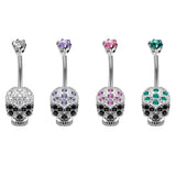 Designer Belly Bars - Silver - Skull Head Design Belly Ring with CZ Crystals - Belly Button Ring - 14g (1.6mm) Length is 10mm
