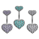 Designer Belly Ring - Silver - Double Heart Top and Bottom Belly Ring studded with CZ Crystals - Navel Ring - 14g (1.6mm) Length is 10mm