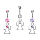 Designer Belly Bars - Silver - Guardian Angel Design Belly Ring with Center CZ Crystals - Navel Ring - 14g (1.6mm) Length is 10mm