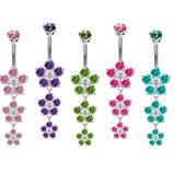 Designer Belly Bars - Silver - 3 Drop Five Petal Flower Design Belly Bars with CZ Crystals - Navel Ring - 14g (1.6mm) Length is 10mm