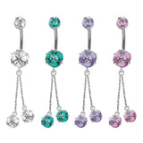Designer Belly Button Ring - Silver - 2 Drop Dangle Round Belly Bar Design with CZ Crystals - Navel Ring - 14g (1.6mm) Length is 10mm