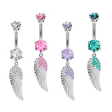 Designer Belly Bars - Silver - Angel Wing Design Belly Ring with CZ Crystals - Navel Ring - 14g (1.6mm) Length is 10mm