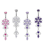 Designer Belly Bars - Silver - Elegant Flower Dangle Design Belly Ring with CZ Crystals - Navel Ring - 14g (1.6mm) Length is 10mm