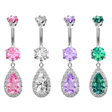 Designer Belly Rings - Silver - Water Drop Dangle Design Belly Bars surrounded with CZ Crystals - Navel Ring - 14g (1.6mm) Length is 10mm