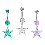 Designer Belly Button Rings- Silver - Star Dangle Design Belly Bars with CZ Crystals - Navel Ring - 14g (1.6mm) Length is 10mm