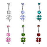 Designer Belly Button Ring - Silver - Dangle Clover Leaf Design Belly Bars with CZ Crystals - Navel Ring - 14g (1.6mm) Length is 10mm