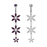 Designer Belly Button Rings- Silver - Triple Flower Design Belly Bars with CZ Crystals - Navel Ring - 14g (1.6mm) Length is 10mm