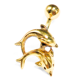 14K Gold Belly Bar, Button Ring - Two Dolphin Belly Bar, Belly Button Piercing, Navel Ring- 14G 10MM Hand Made Gold Body Jewellery