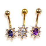 14K Gold Flower Belly Button Ring with Precious Stone Crystal Belly Ring - Belly Bar made of Fine Jewelry Hand Set and Hand Polished