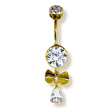 14K Gold Dangle Bow Belly Ring, 14G Crystal Belly Ring Length 10mm - Hand Made Body Jewellery Piercings