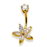 14K Solid Gold Flower Belly Bar, Button Ring, Top Crown with Gem Crystal Belly Button Rings, Navel Jewellery - Hand Made Body Jewellery