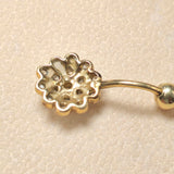 14K Solid Gold Belly Button Ring Flower - Studded with Crystal Belly Ring - Hand Made 14K Gold Belly Bar for that very special Person