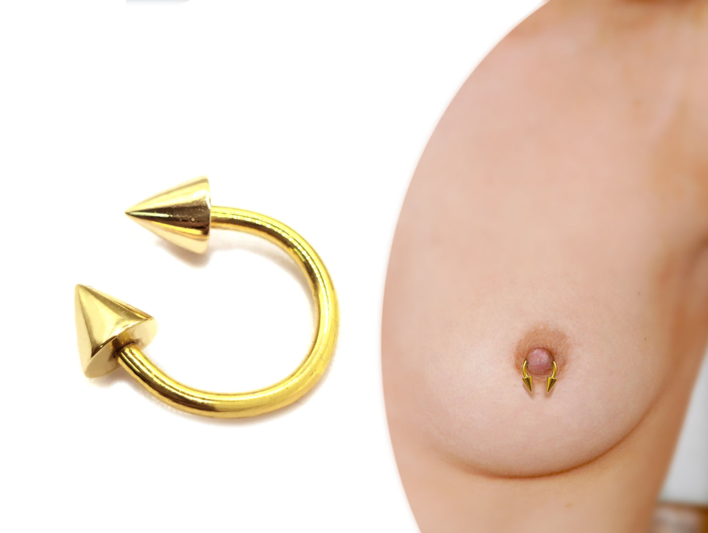 14K Solid Gold Nipple Bar Piercing with Cone/Spike - Horseshoe Barbell 16G 14G - Nipple Rings Jewellery in Gold