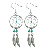 Silver Dreamcatcher Feather Dangle Drop Earrings - Native American Amulet Protection with Genuine Stone Beads