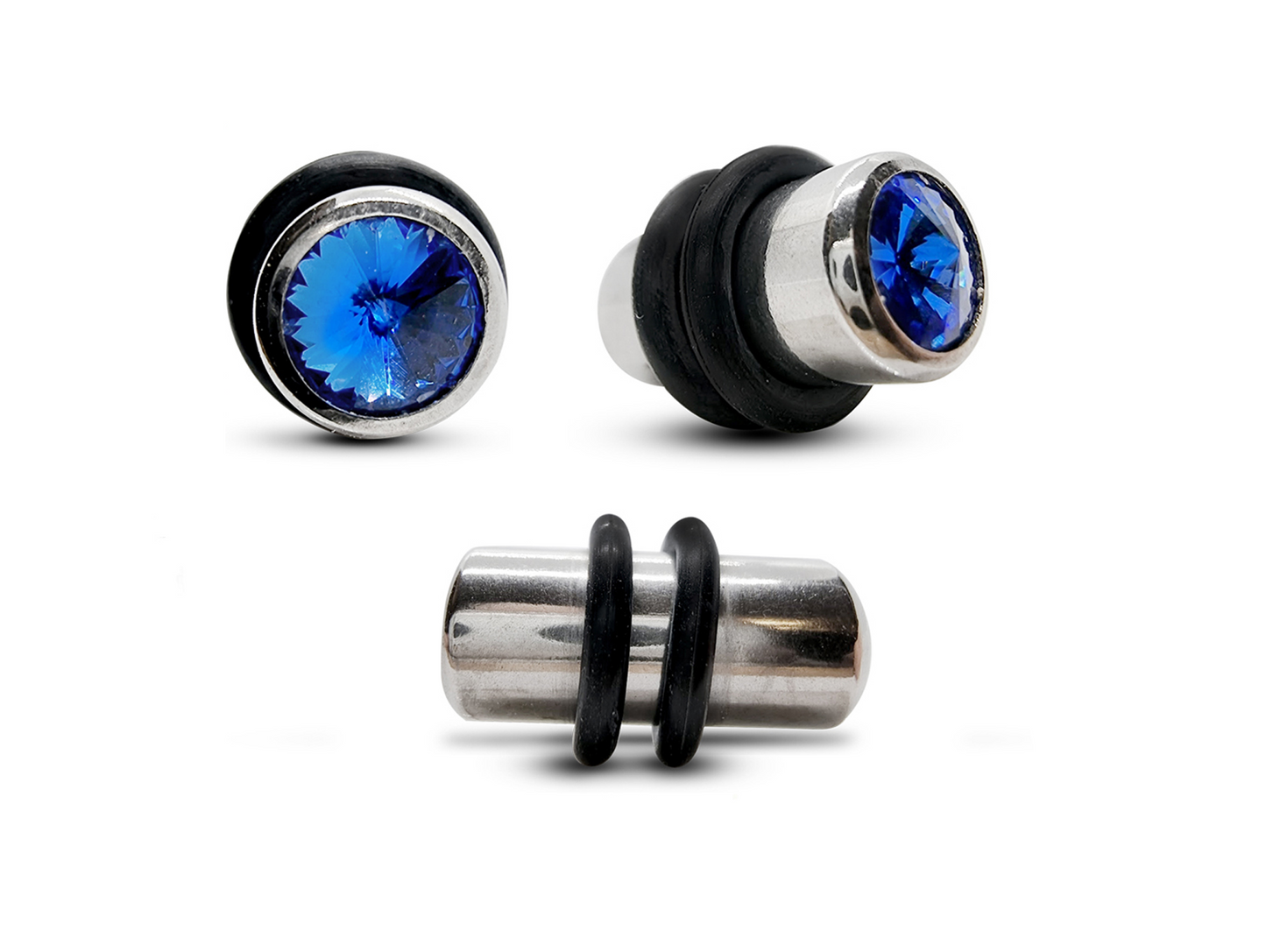 Ear Stone Plugs Earring with Crystal and Rubber O-ring - No Flare Size 12mm (1/2") - Ear Tunnel, Stretching Gauges, Expander, Big Gauges