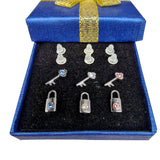 Hypoallergenic Plastic Post Earrings Padlock design Ear Studs with CZ Crystals - 3 Pairs + Gift Box